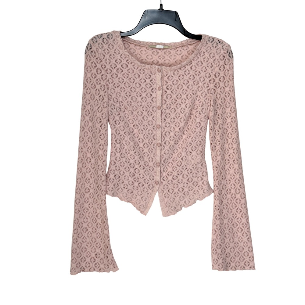 Kimchi Blue Women Cardigan S Pink Lace Bell Sleeve Scoop Neck Knit OB1885122